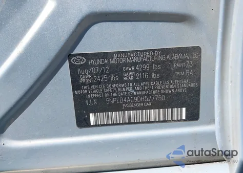 2013 Hyundai Sonata Gls z USA, uszkodzony, nr VIN 5NPEB4AC9DH577750